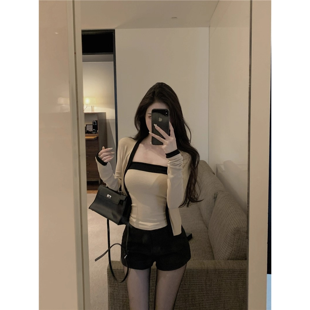 撞色抹胸背女心内搭秋季新款修身两件套显瘦短款长袖开衫上衣套装