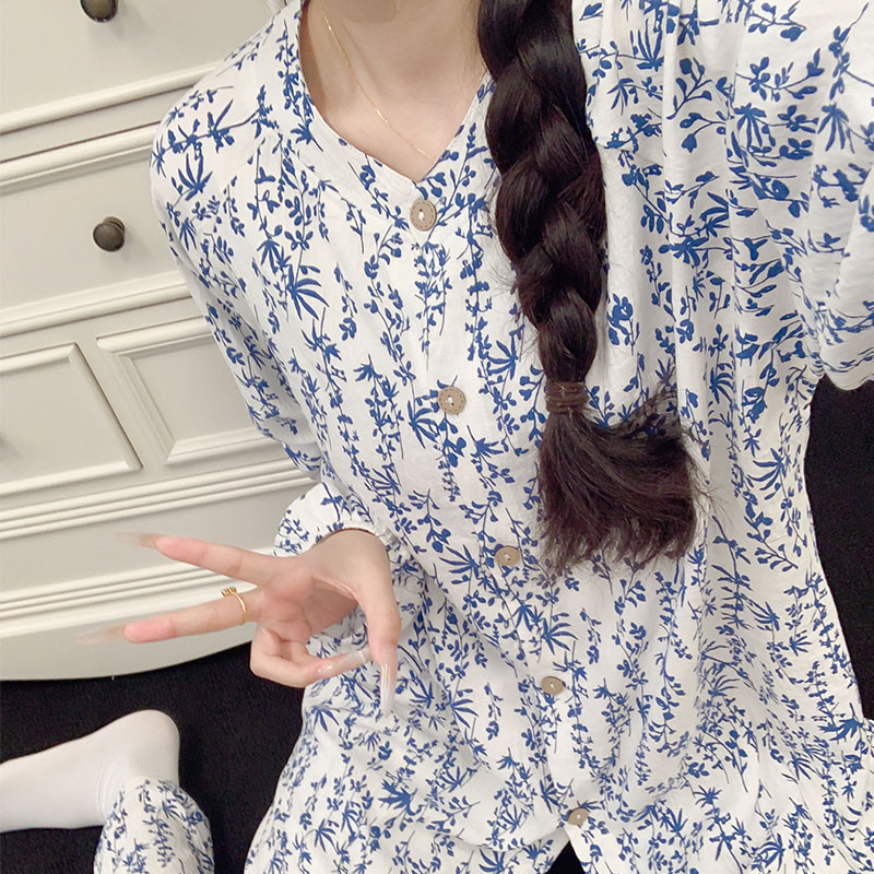 春秋季复古风花朵条纹睡衣女款长袖长裤云朵棉甜美家居服女士套装