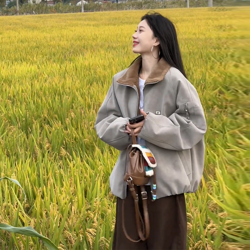 美式羊羔绒翻领棉服外套男款冬季扎染pu皮毛一体工装飞行夹克棉衣