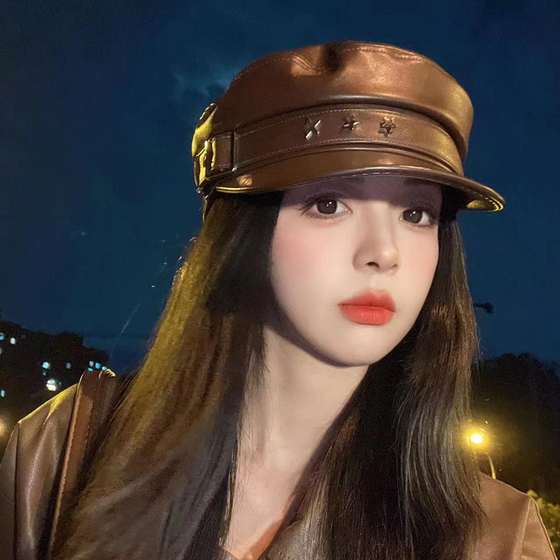 美拉德穿搭PU皮质咖色鸭舌贝雷帽女秋季2025新款画家帽子八角帽