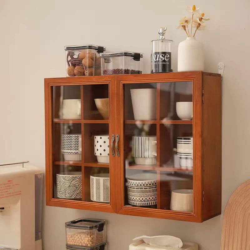 复古实木桌面收纳柜格子收纳柜带门分格收纳防尘杯子收纳杂物柜子