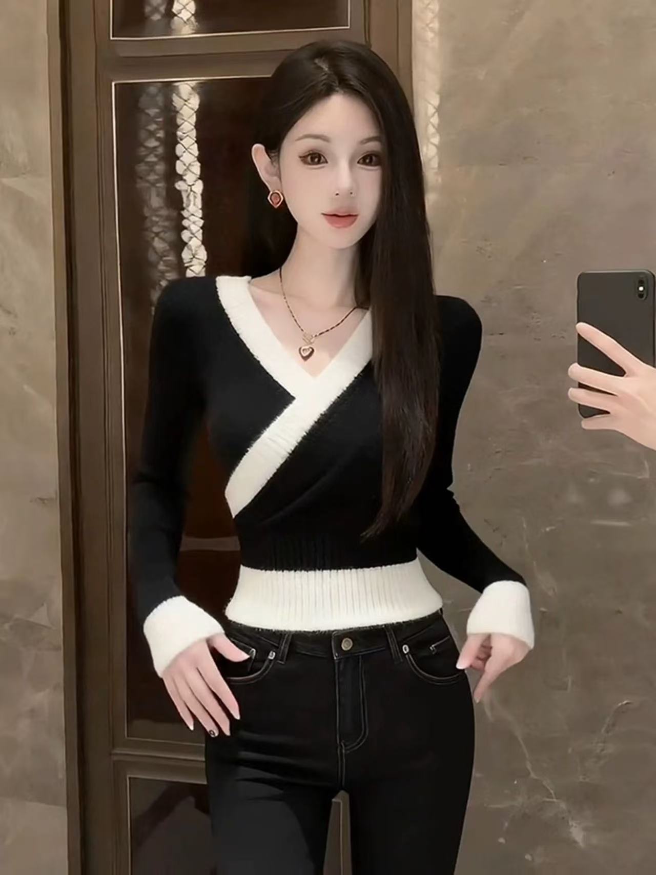 SS5035欧货交叉V领毛衣女外穿新款秋短款针织衫上衣长袖打底衫