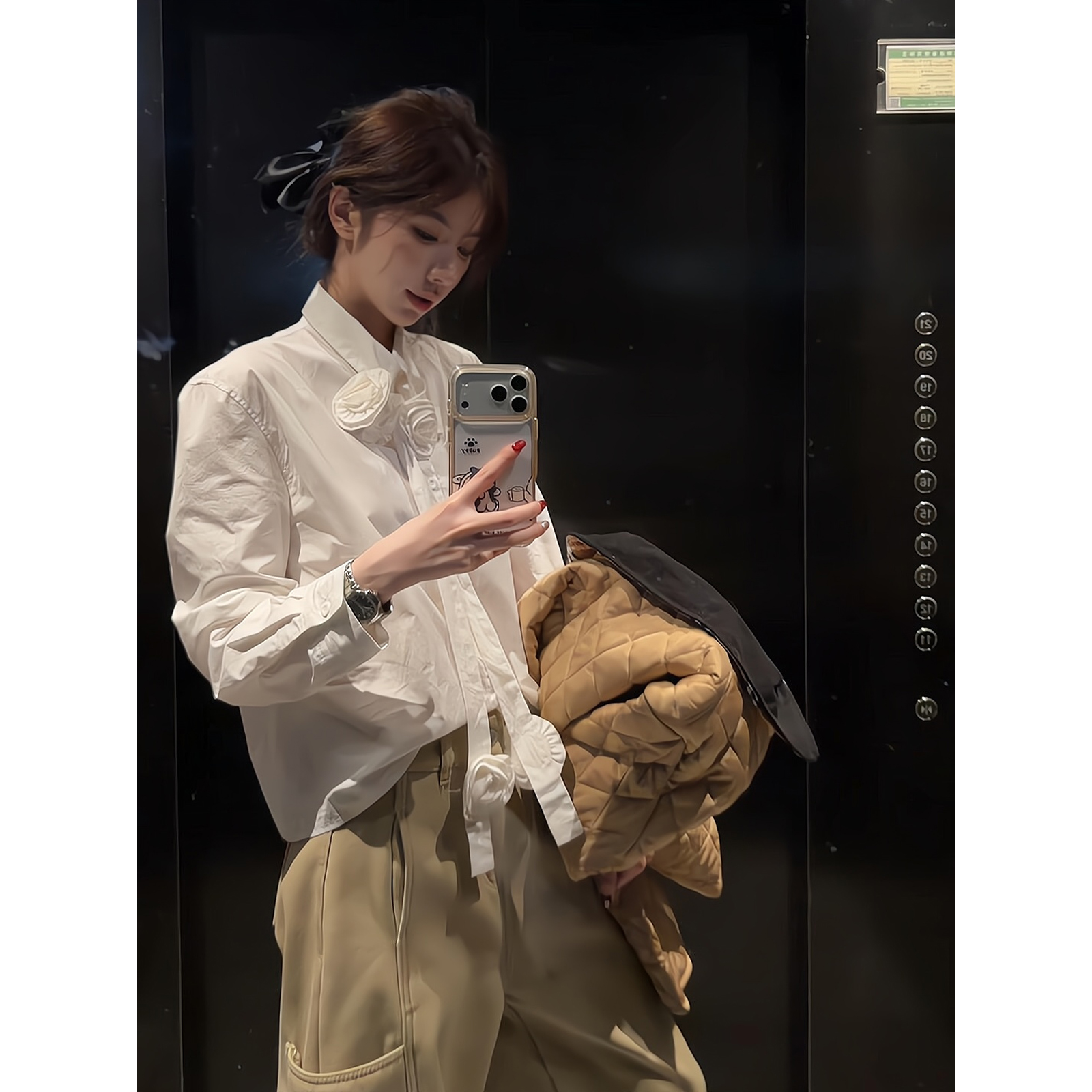 老钱风立体花朵蝴蝶结白色衬衫女长袖上衣牛仔裤宽松直筒拖地裤