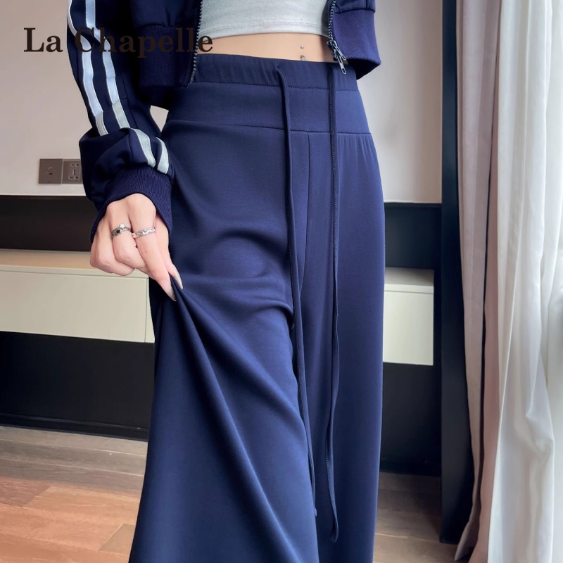 拉夏贝尔藏青色运动裤女春秋美式休闲卫裤高腰宽松垂感梧桐阔腿裤