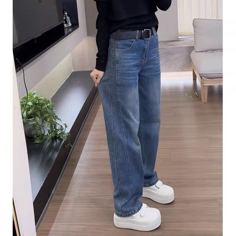 2025秋季新款大码弹力弯刀牛仔裤女高腰遮肉显瘦百搭窄版直筒裤女