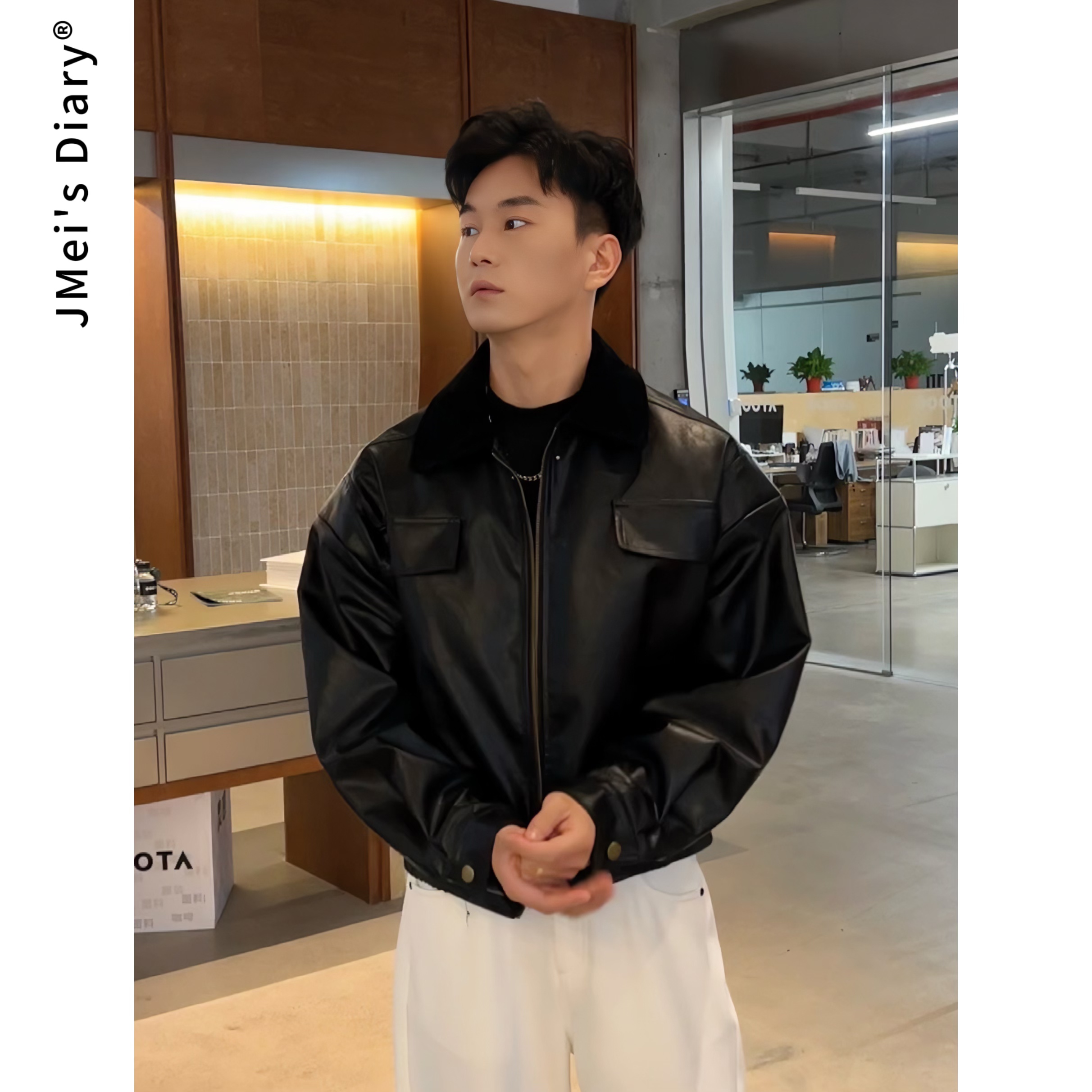 JMei's Diary复古短款皮衣 皮绒翻领PU皮夹克男宽松机车服外套