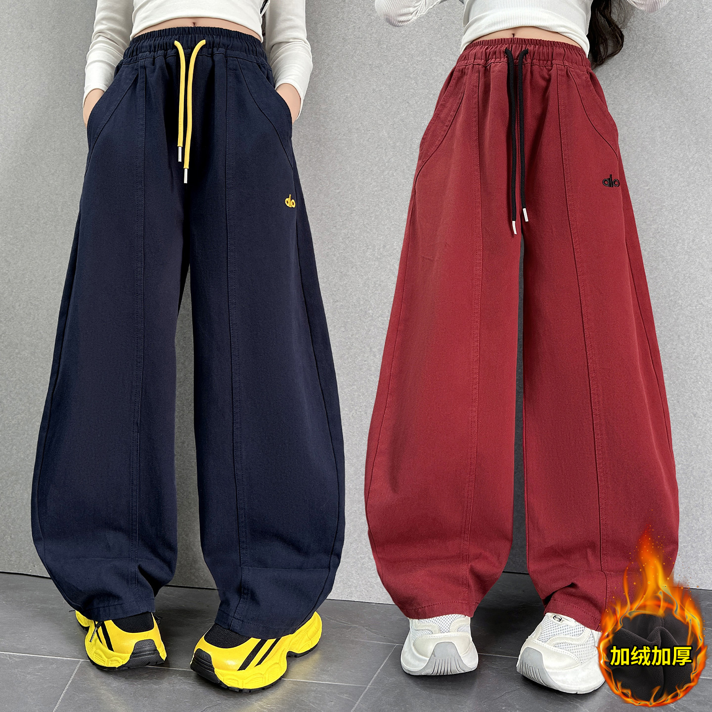 女童秋冬季加绒裤子2025新款女大童加厚气球裤儿童冬季弯刀休闲裤