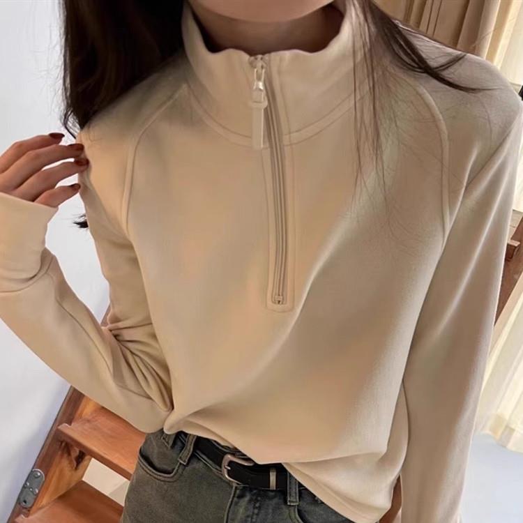 立领加绒卫衣女双面德绒打底衫2025新款秋冬设计感半拉炼长袖上衣