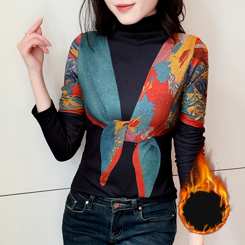 加厚慕斯绒2025秋冬新款印花拼色长袖半高领百搭洋气修身上衣T恤