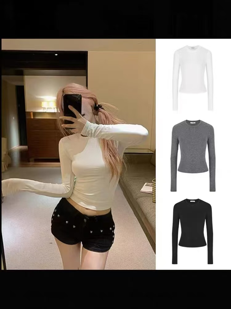 辣妹收腰圆领长袖t恤女秋冬季修身显瘦内搭打底衫正肩纯色上衣