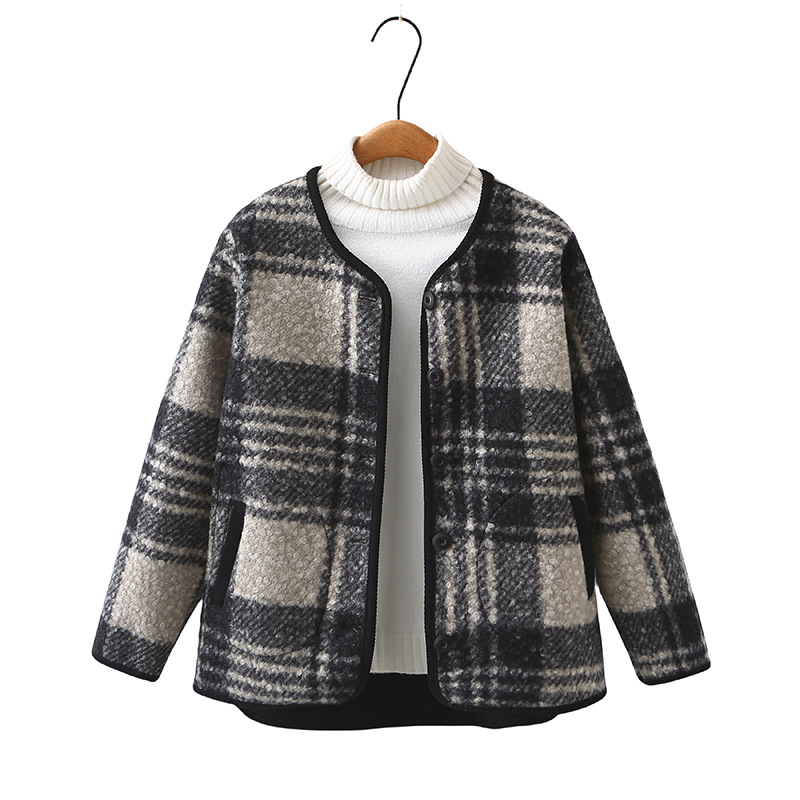 大码毛呢格子外套女装圆领2024秋冬胖妹时尚超厚大衣开衫气质958