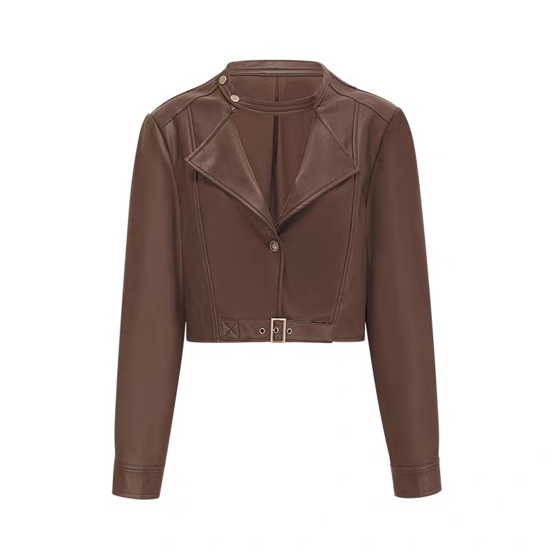 Crainfull【自由派】美式复古棕色pu小皮衣外套短款修身皮夹克