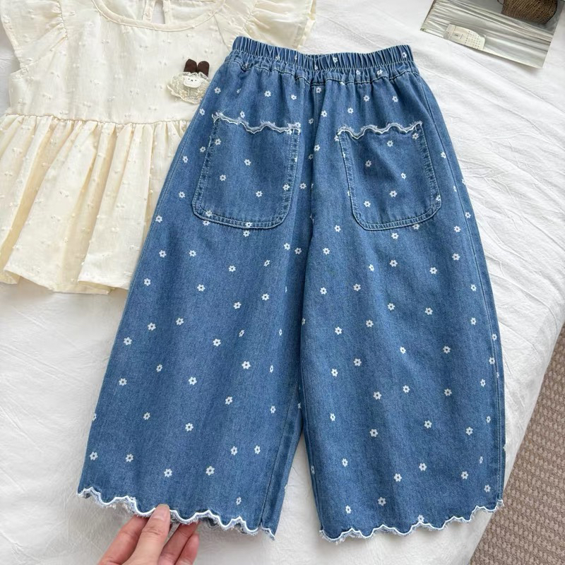 女童花边牛仔裤2025早秋新款儿童春秋薄款小碎花阔腿裤