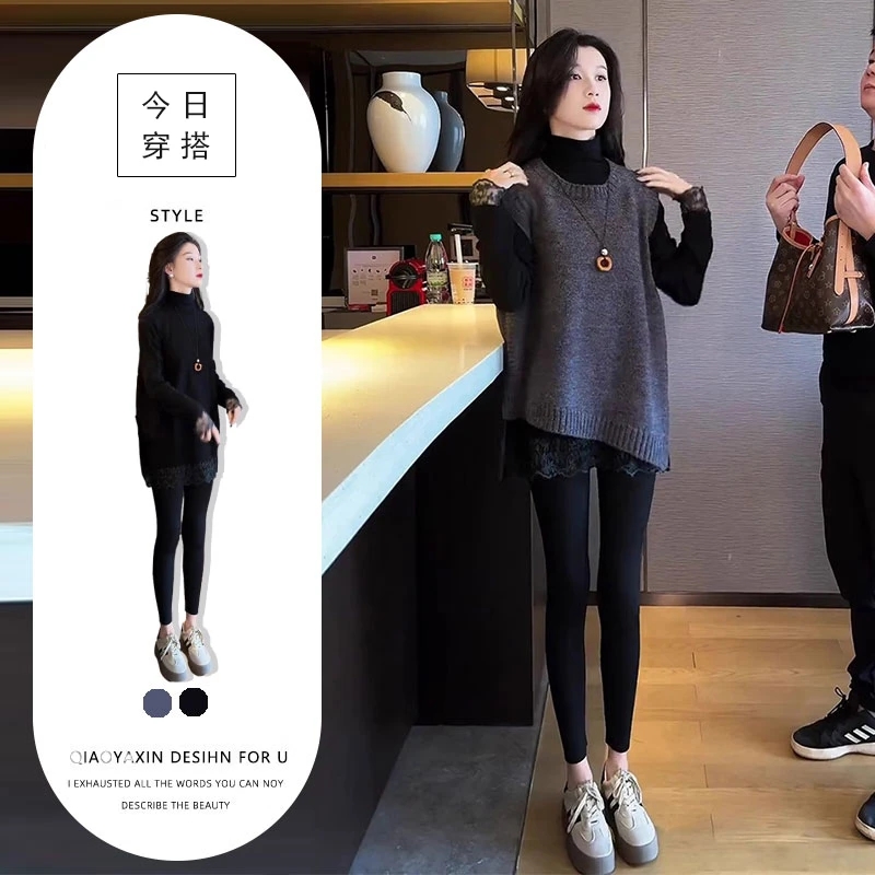 时尚针织马甲穿搭一整套女秋冬新款韩系百搭打底上衣打底裤三件套