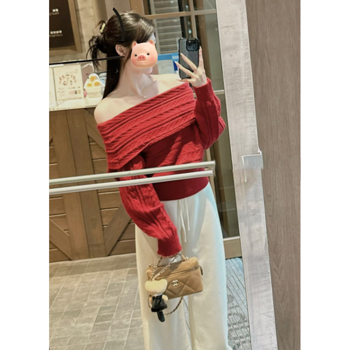 圣诞节新年红色一字肩套头麻花毛衣女秋冬加厚宽松露肩针织衫上衣