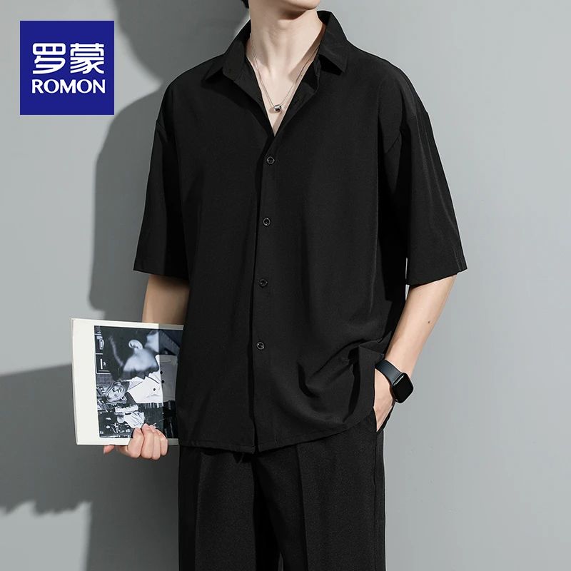 罗蒙夏季新款衬衫短袖男士男装高级感半袖宽松垂感帅气衬衣冰丝