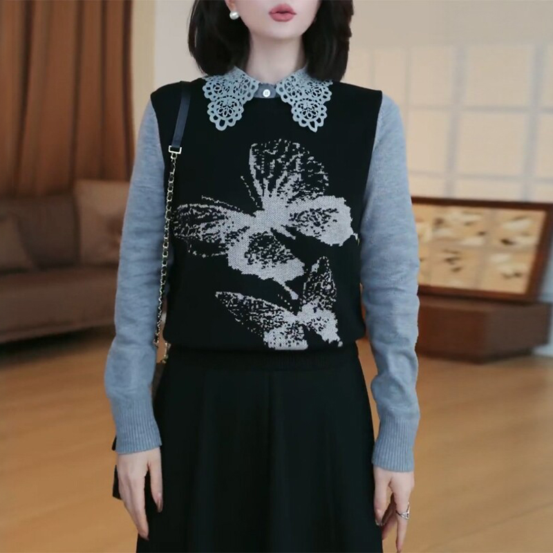 设计感蕾丝翻领假两件针织衫女秋冬新款时尚蝴蝶提花打底衫上衣潮