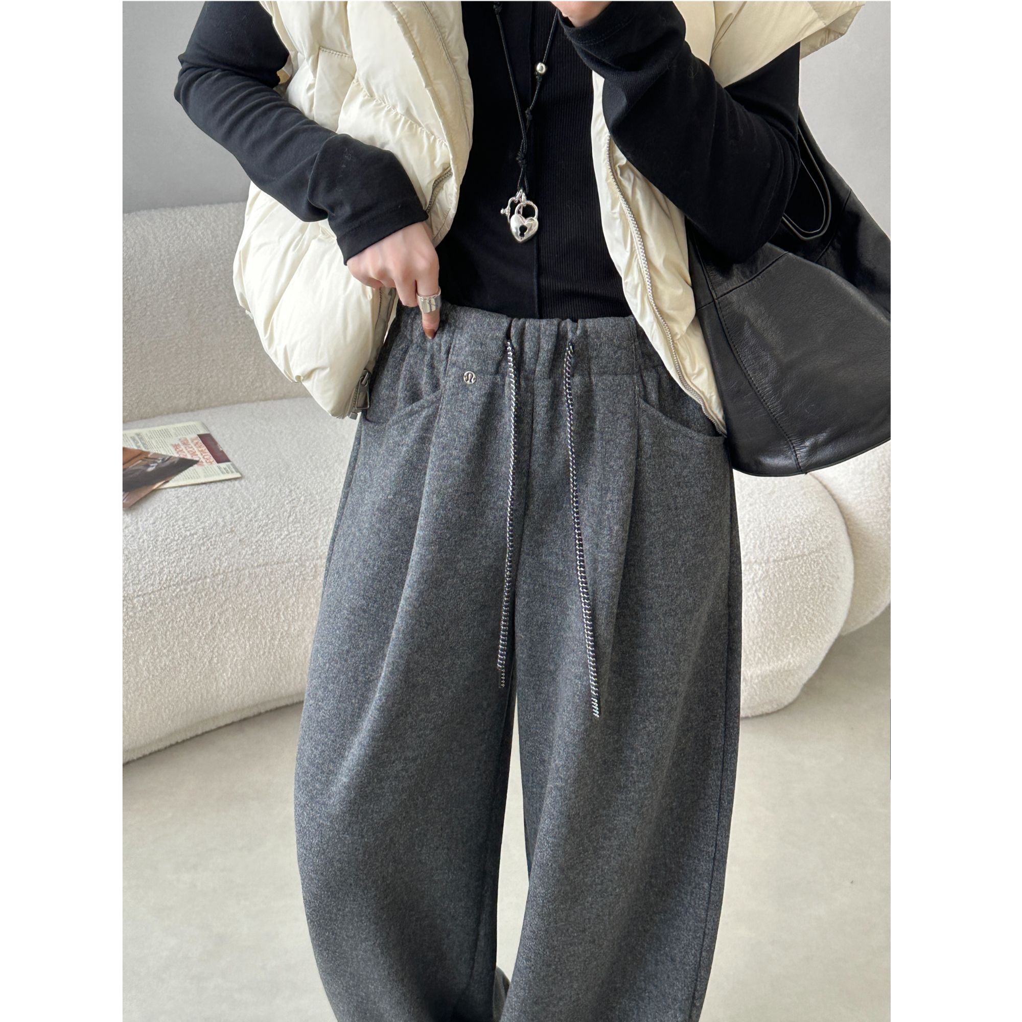 雅鹿老钱风羊毛弯刀裤韩系垂感2025秋冬气质加绒休闲宽松阔腿裤子