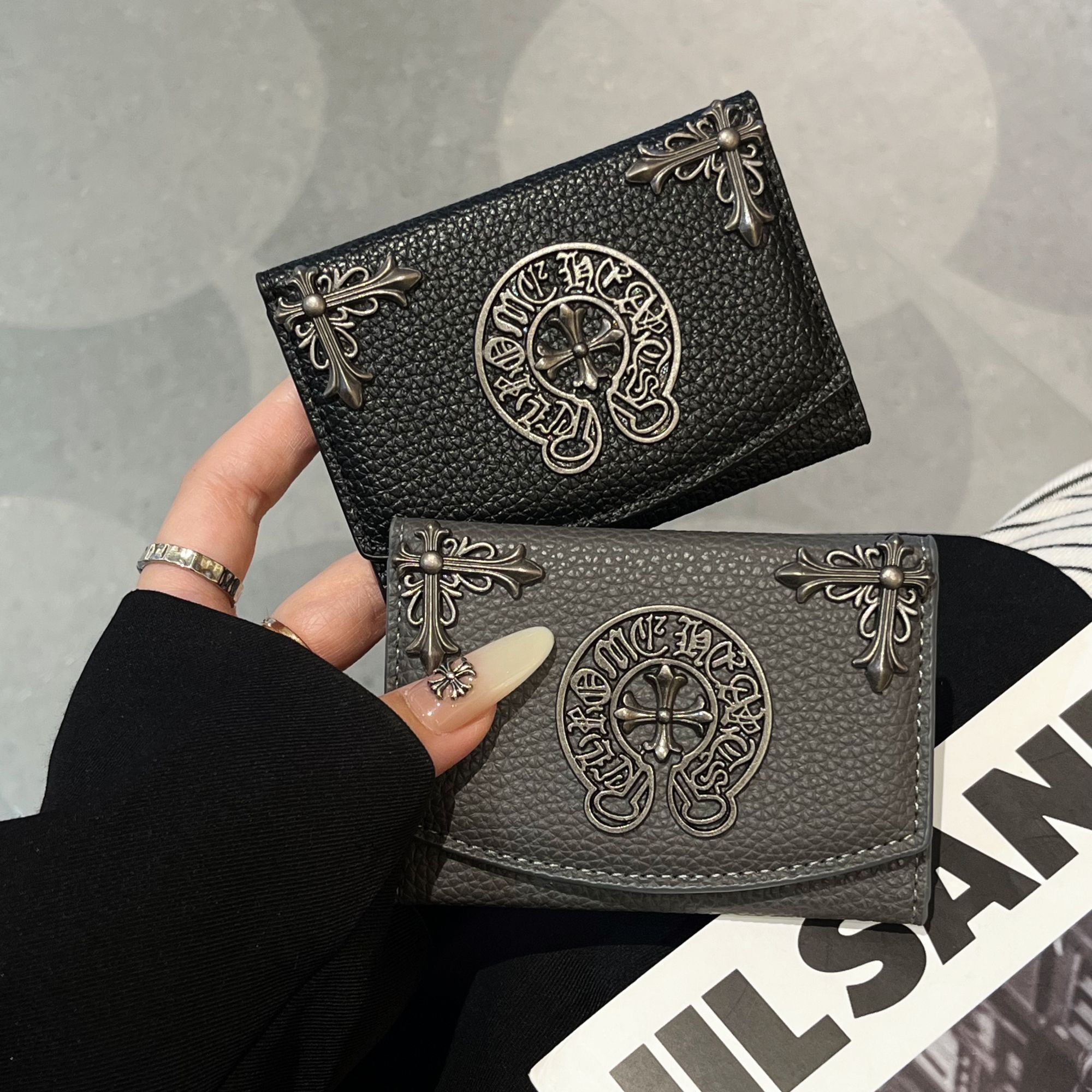 十字架短款收纳新三折叠卡包证件包立体金属标克罗心皮夹手包经典