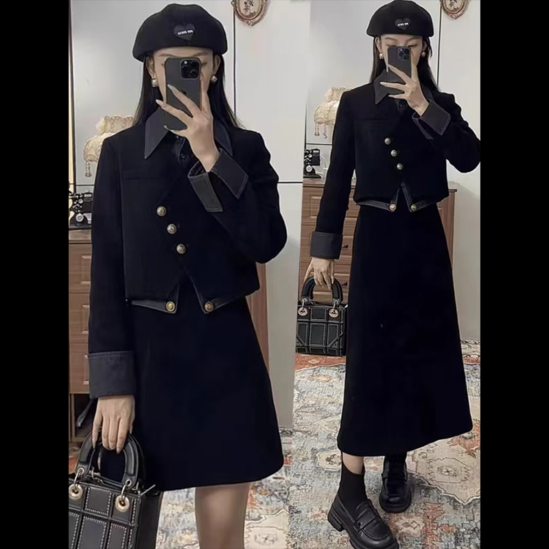 拉夏贝尔假两件小香风外套套装女2025秋季新款高级感半身裙两件套