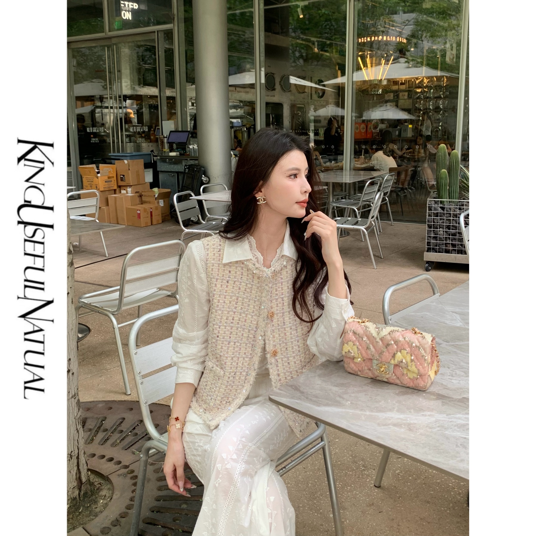 KUN【彩纱梦】活力氛围 彩色花纱羊毛银丝小香精致百搭廓形马甲上衣