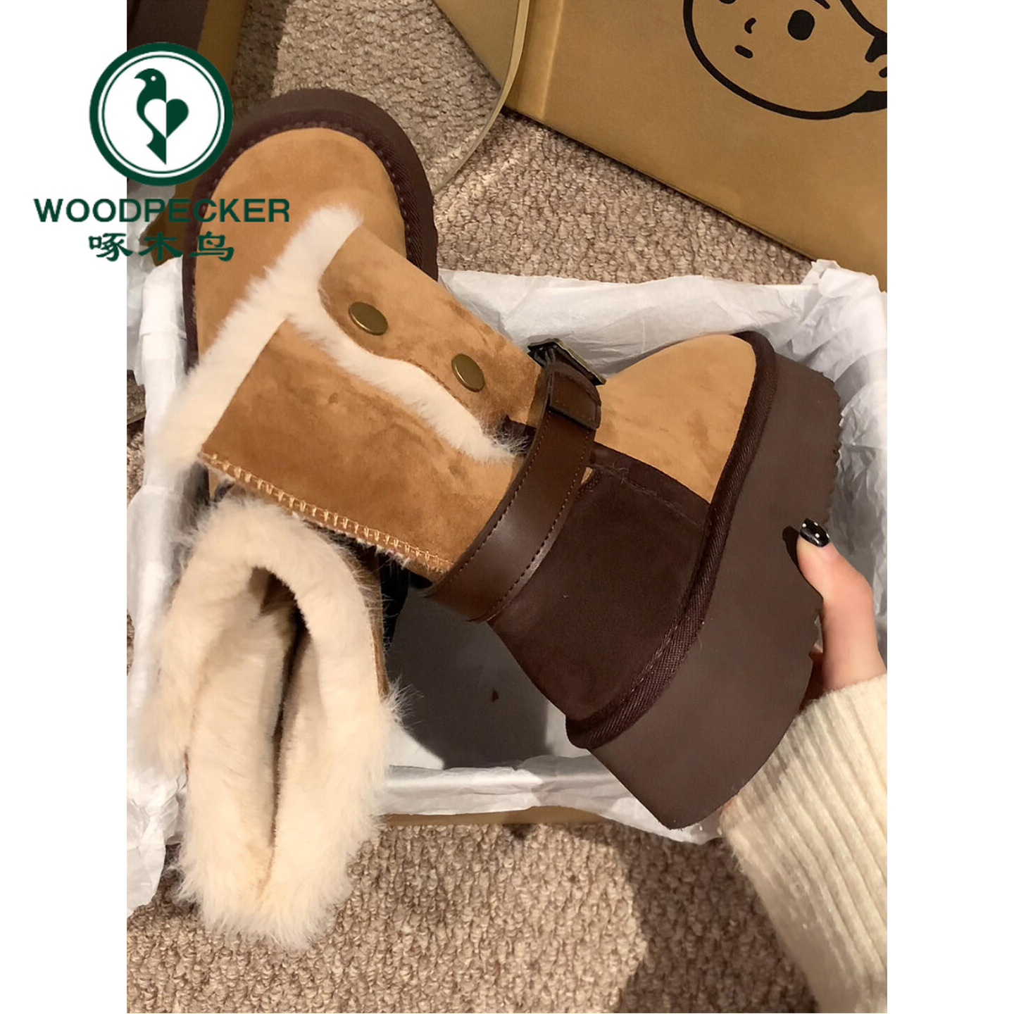 啄木鸟厚底雪地靴女2025冬季新款皮带扣加绒保暖棉鞋复古拼色短靴