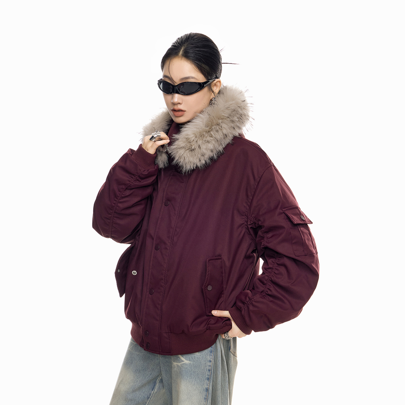 ICHMODE 美式复古毛领加厚棉服女秋冬季宽松保暖派克服棉衣外套