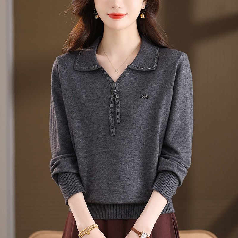 春秋季大码翻领针织衫女宽松洋气红色毛衣显瘦百搭秋冬时尚打底衫