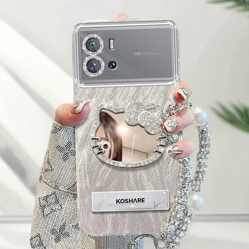 自带镜头膜VIVOiQOO9手机壳镶钻kt猫镜子V2171A全包iQOO9pro羽纱