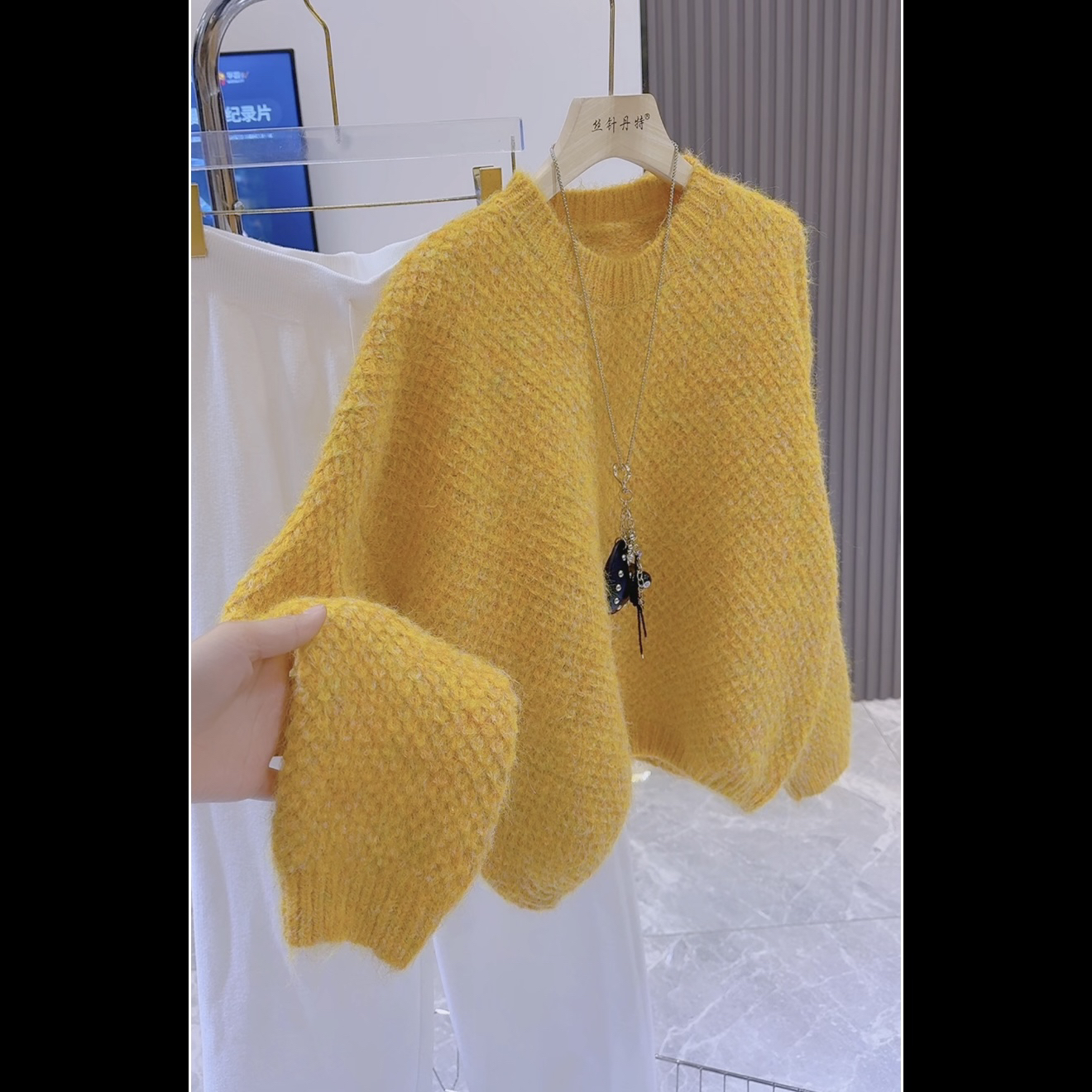 软糯菠萝黄！宽松慵懒感菠萝纹套头毛衣女2025春季新款外穿加厚