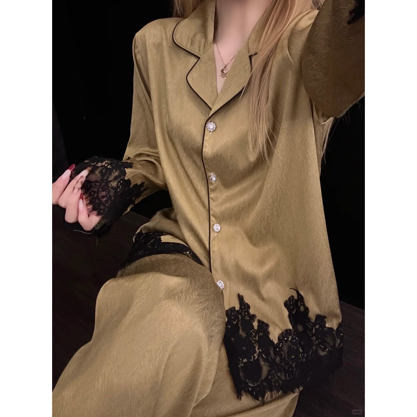 韩版蕾丝花边长袖冰丝睡衣女春秋新款休闲慵懒风家居服套装可外穿