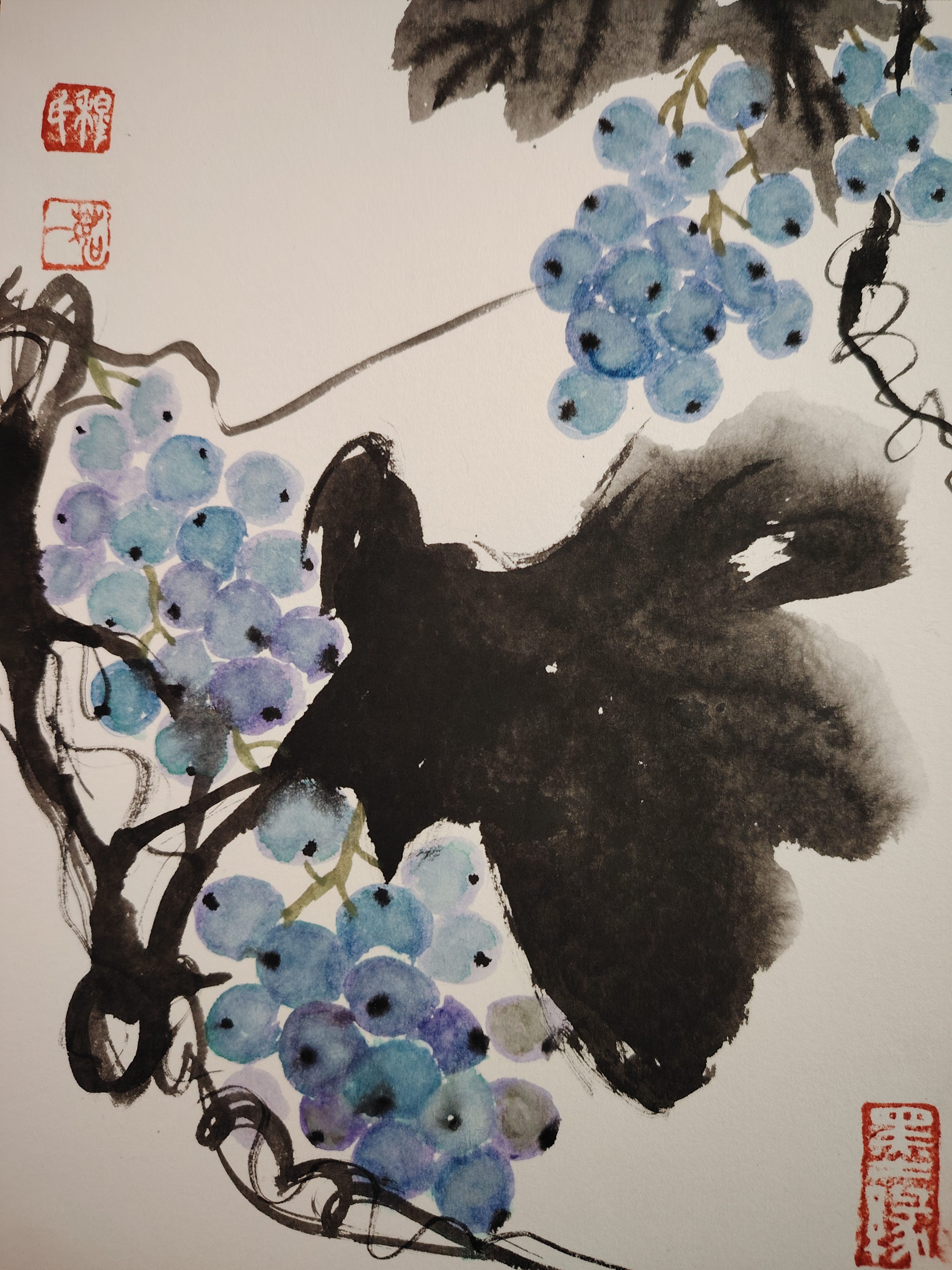 葡萄国画A4可摆可挂紫气东来餐厅玄关客厅装饰画宣纸