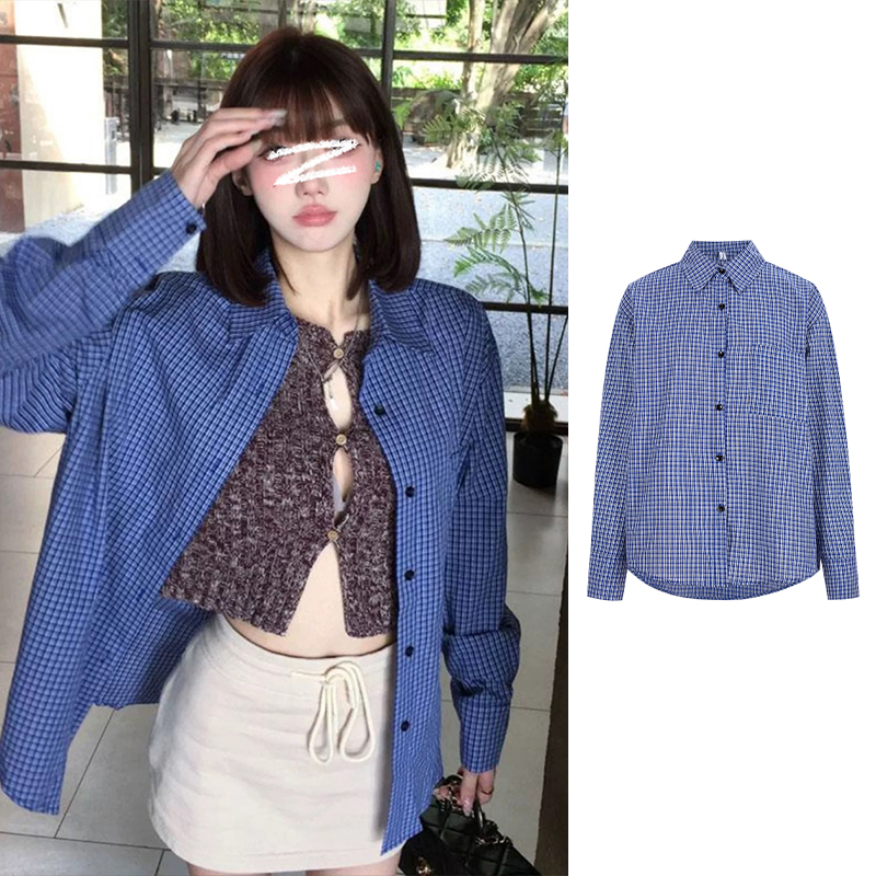 Moses Queen/魔西女王蓝色格子衬衫女新款宽松防晒衬衣外套春秋