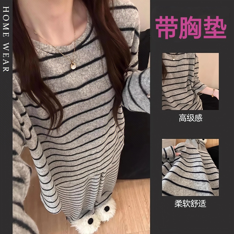 带胸垫小众韩版德绒睡衣女秋冬款套头高级感条纹家居服保暖加厚