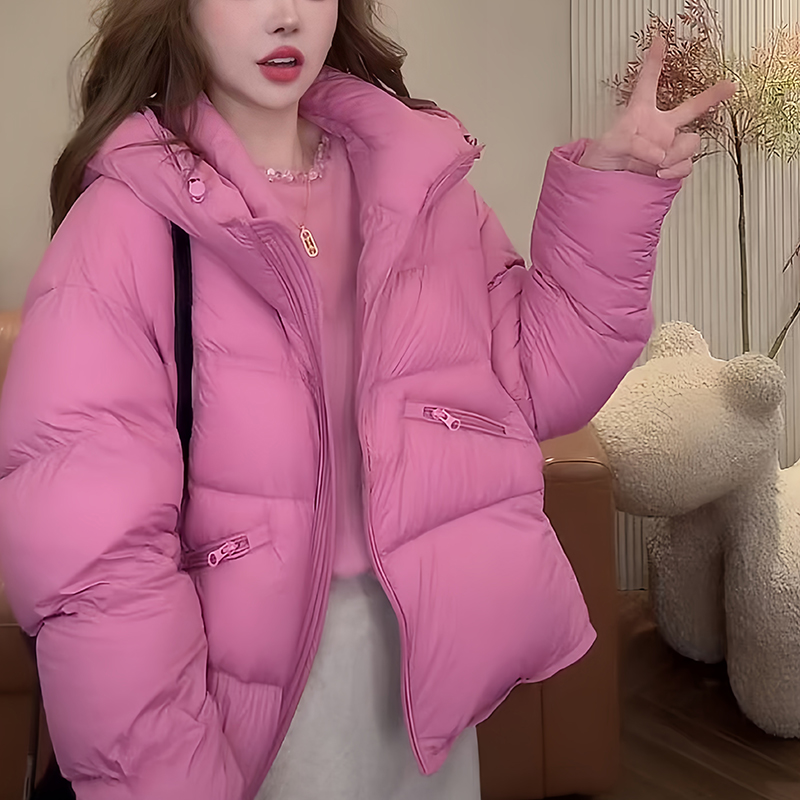 高级感韩式纯色连帽保暖棉衣女2026冬季新款宽松版型简约通勤穿搭