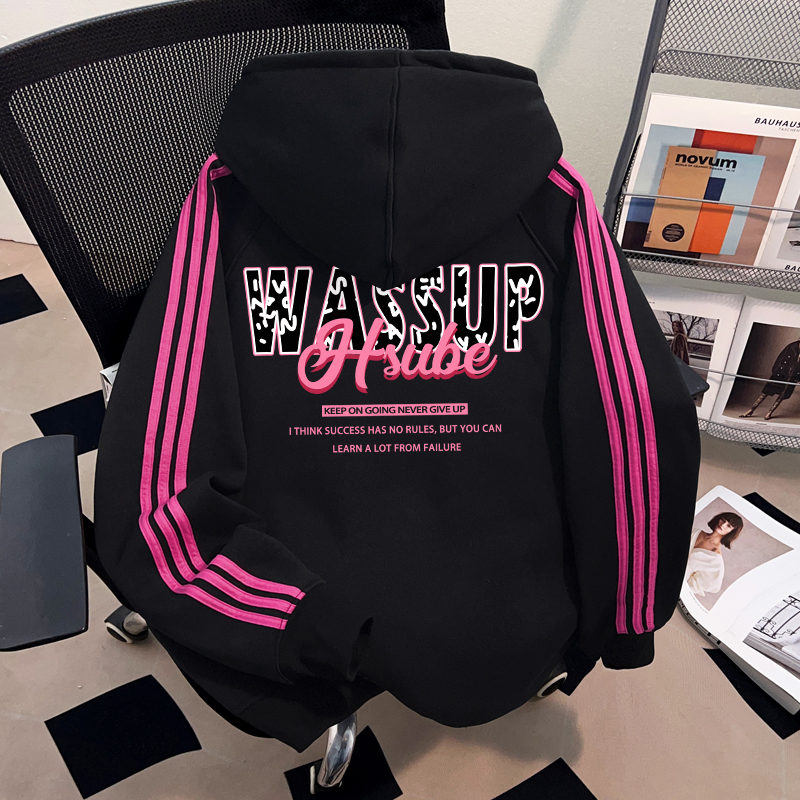 WASSUP HSUBE玫红拉杠连帽套头卫衣秋冬季慵懒宽松重磅上衣外套潮