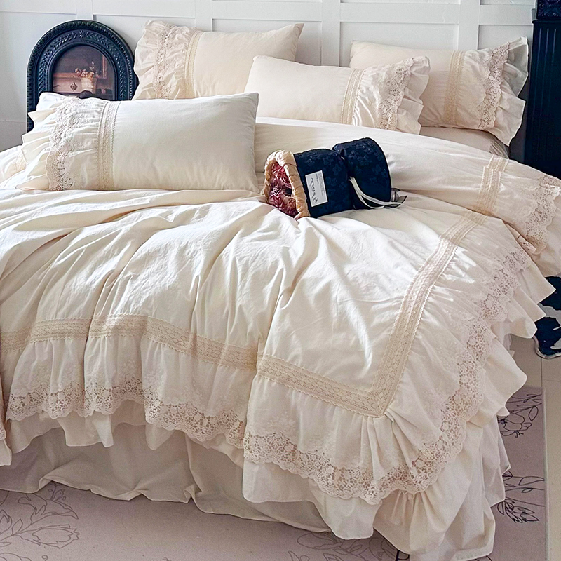法式轻奢全棉水洗棉四件套镂空蕾丝花边被套床单床裙公主纯棉床品