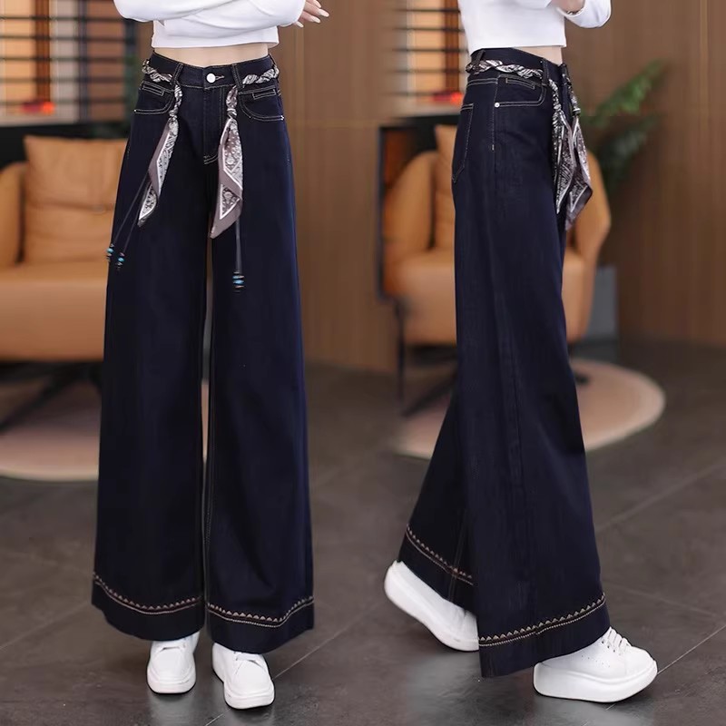 2025新款秋季窄版高腰复古气质宽松显瘦百搭垂感丹宁蓝阔腿牛仔裤