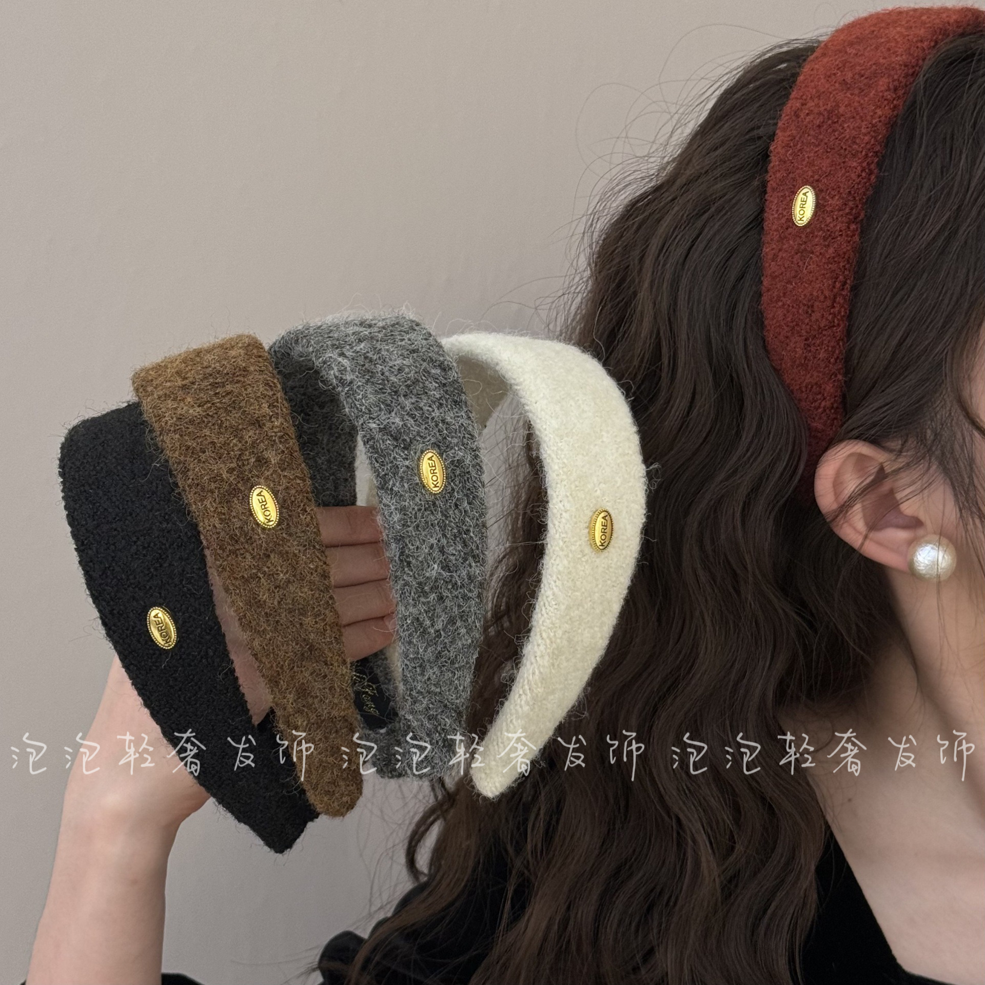 羊毛椭圆金标毛呢宽版发箍秋冬高颅顶碎发发卡外出高级感百搭头箍