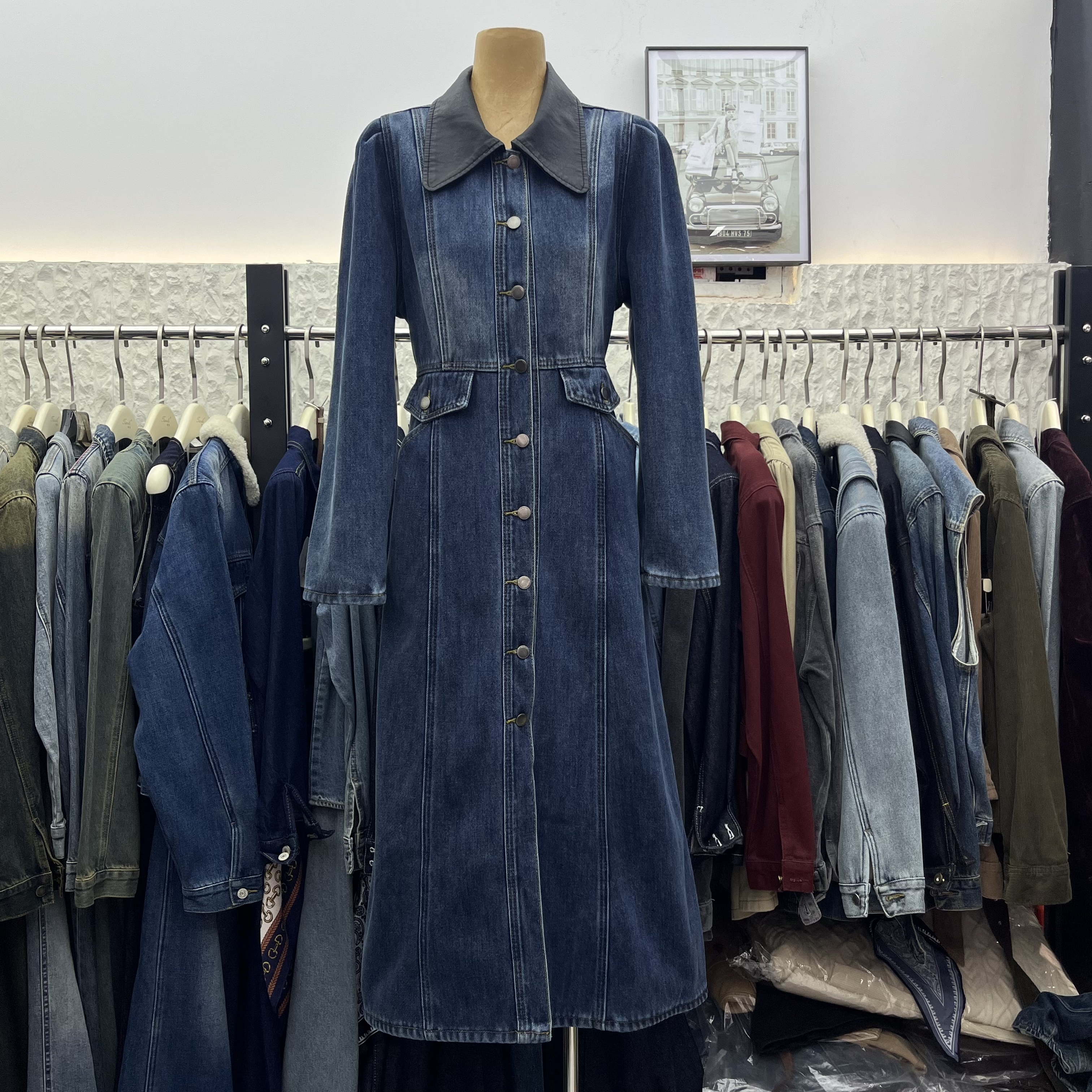 S8136冬季韩版时尚休闲风修身显瘦长袖加绒加厚皮领牛仔连衣裙