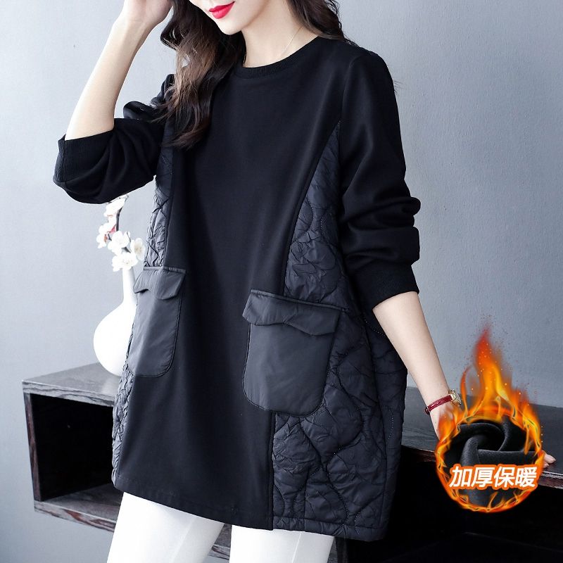 大码女装加绒加厚保暖卫衣女冬季新款宽松显瘦拼接夹棉上衣229575