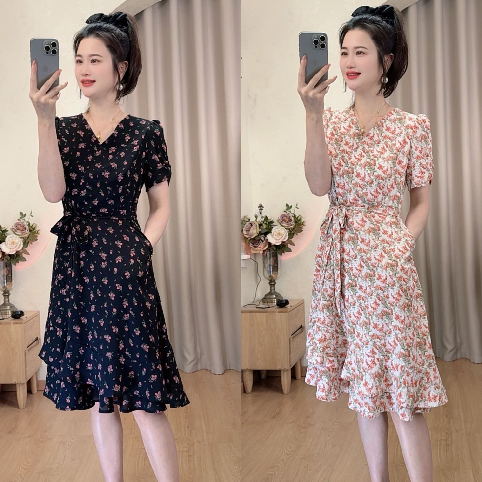 小个子V领气质收腰显瘦时尚印花女装清凉洋气连衣裙碎花泡泡袖