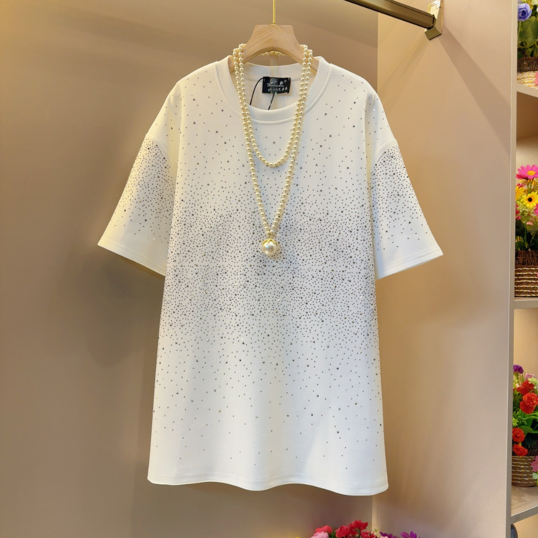 简约风纯色欧韩烫钻时尚气质百搭大码T恤衣长78左右