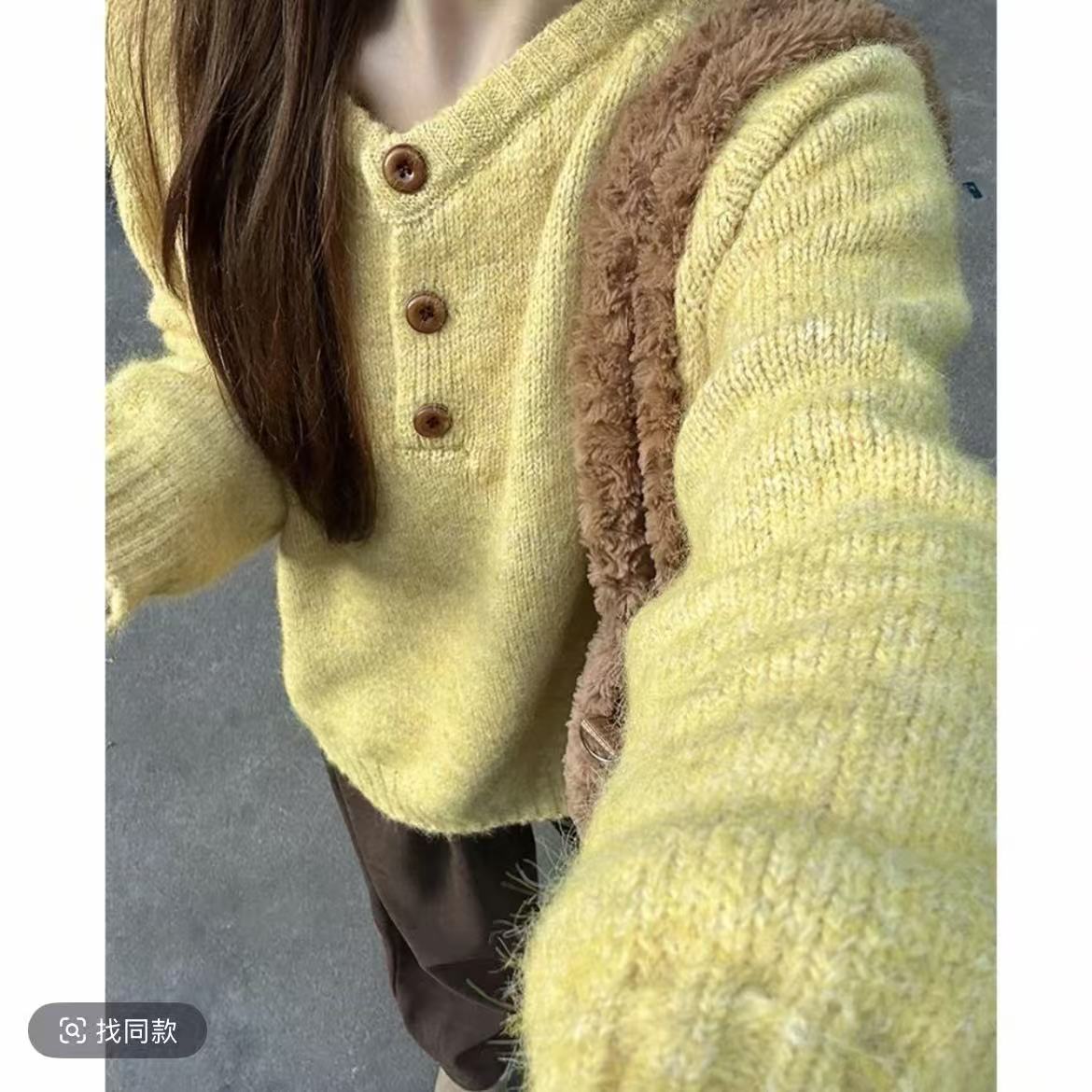 韩系三粒扣圆领针织毛衣女秋冬宽松休闲套头上衣