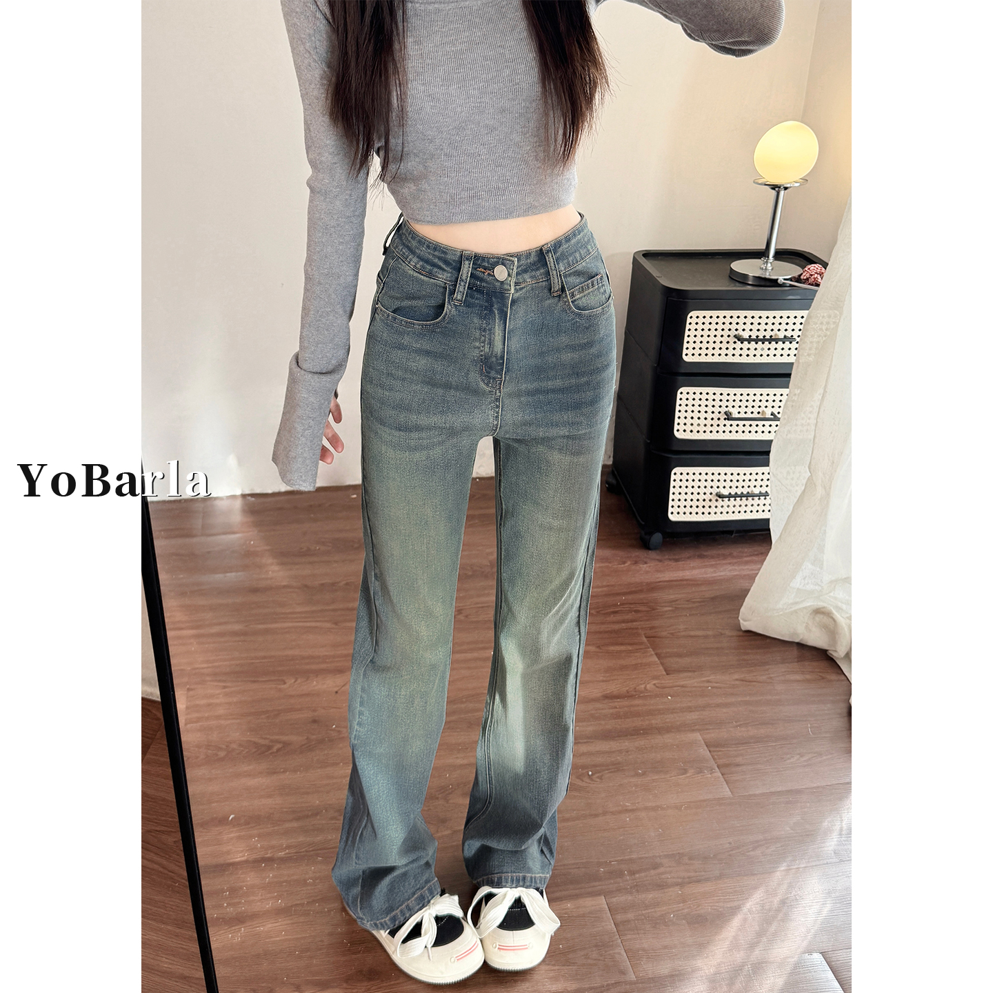 复古怀旧微喇牛仔裤女冬季加绒大码胖mm显瘦高腰弹力不贴腿喇叭裤