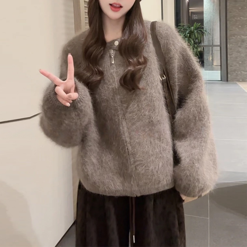 温柔风氛围感宽松开衫上衣女2026冬季新款拉链设计感针织纯色外套