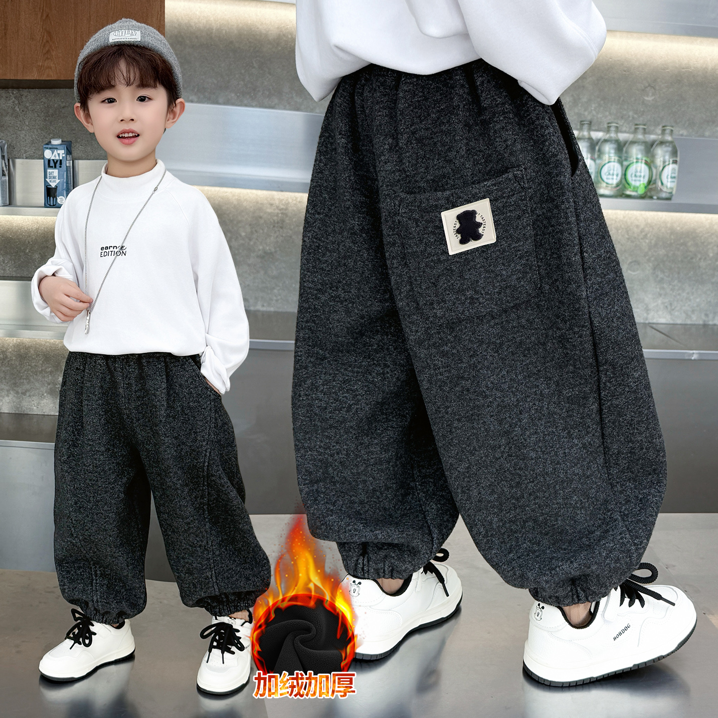 男女童加绒裤子秋冬款中小童弯刀裤冬季时尚宽松韩版加厚休闲卫裤