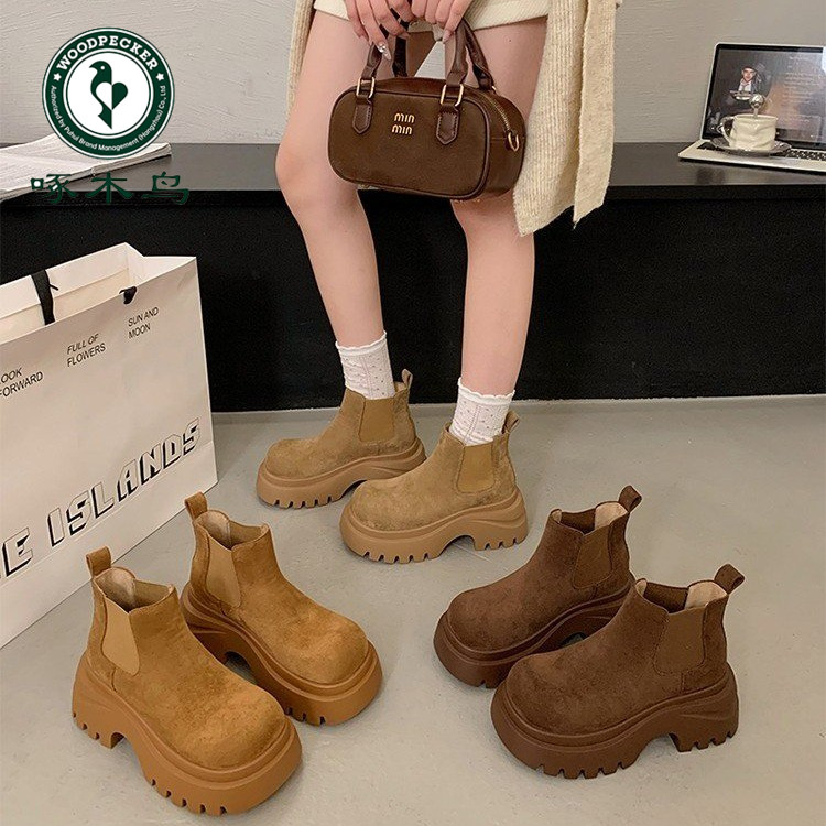 厚底短靴女款2025新款爆款超火春秋季单靴棕色马丁靴大黄靴子女靴