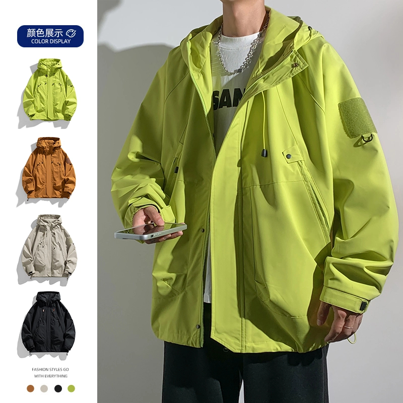 秋季爆款户外宽松潮系连帽大口袋拉链工装防风防水冲锋衣潮流百搭