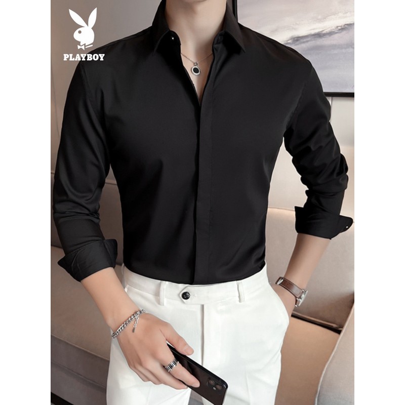 花花公子雅痞风格男士经典衬衫，高档黑色无铁长袖套装配时尚品牌